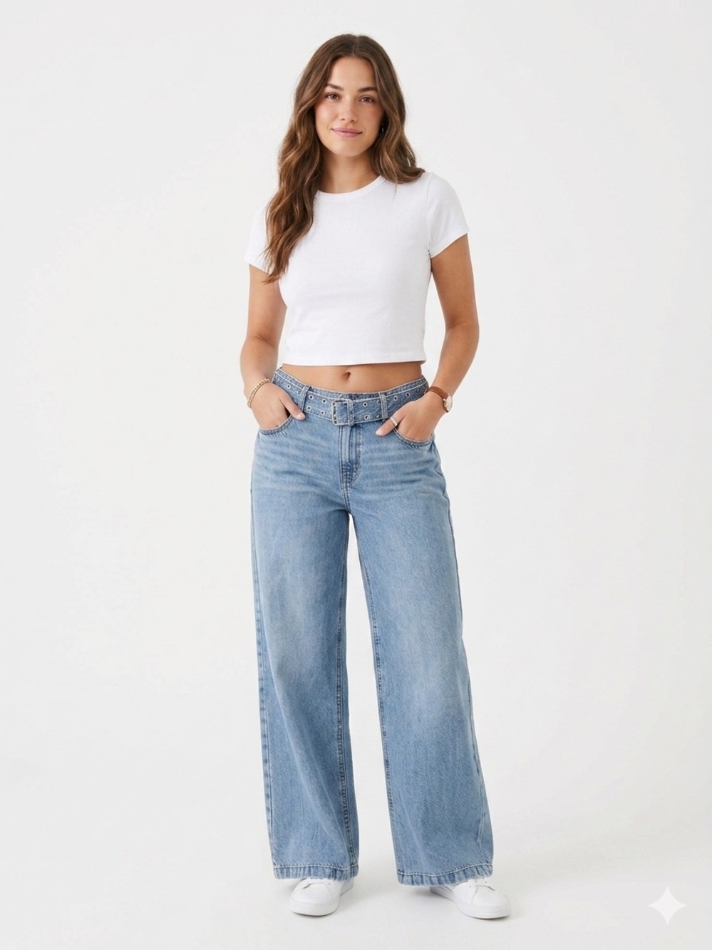 Aéropostale NWT Low Rise Wide Leg Grommet Belted Jeans Light Wash 14R